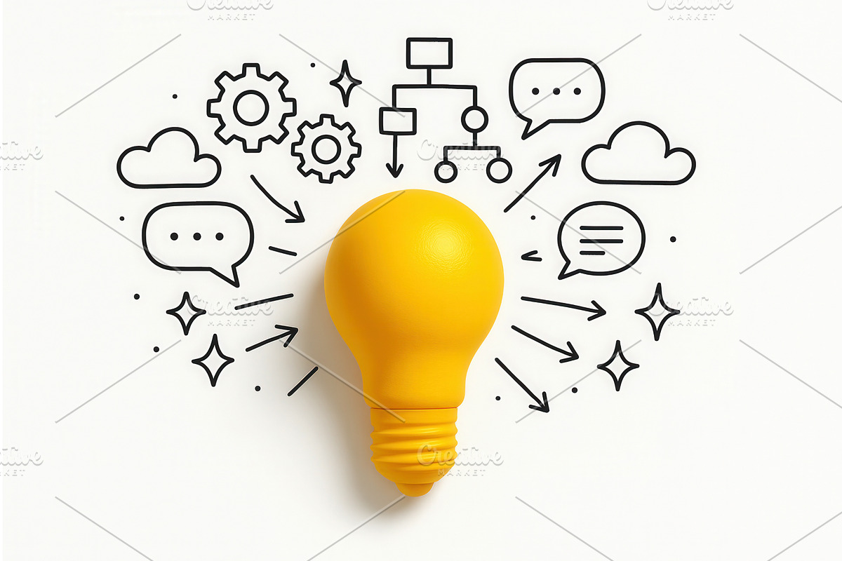 A yellow light bulb surrounded by, a Technology Illustration by Sergey Kotenev