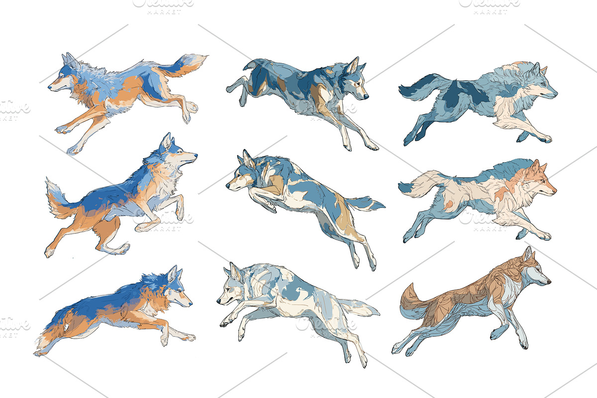 Running gray wolves color ink vector, an Animal Illustration by Onyx