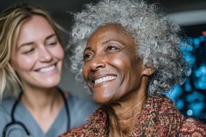 Smiling doctor assisting senior black patient in medical healthcare setting, a Health & Medical Photo by AS photostudio