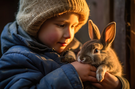 A child's fascination and gentle interaction with a bunny.  Gene, an Animal Photo by designvectx