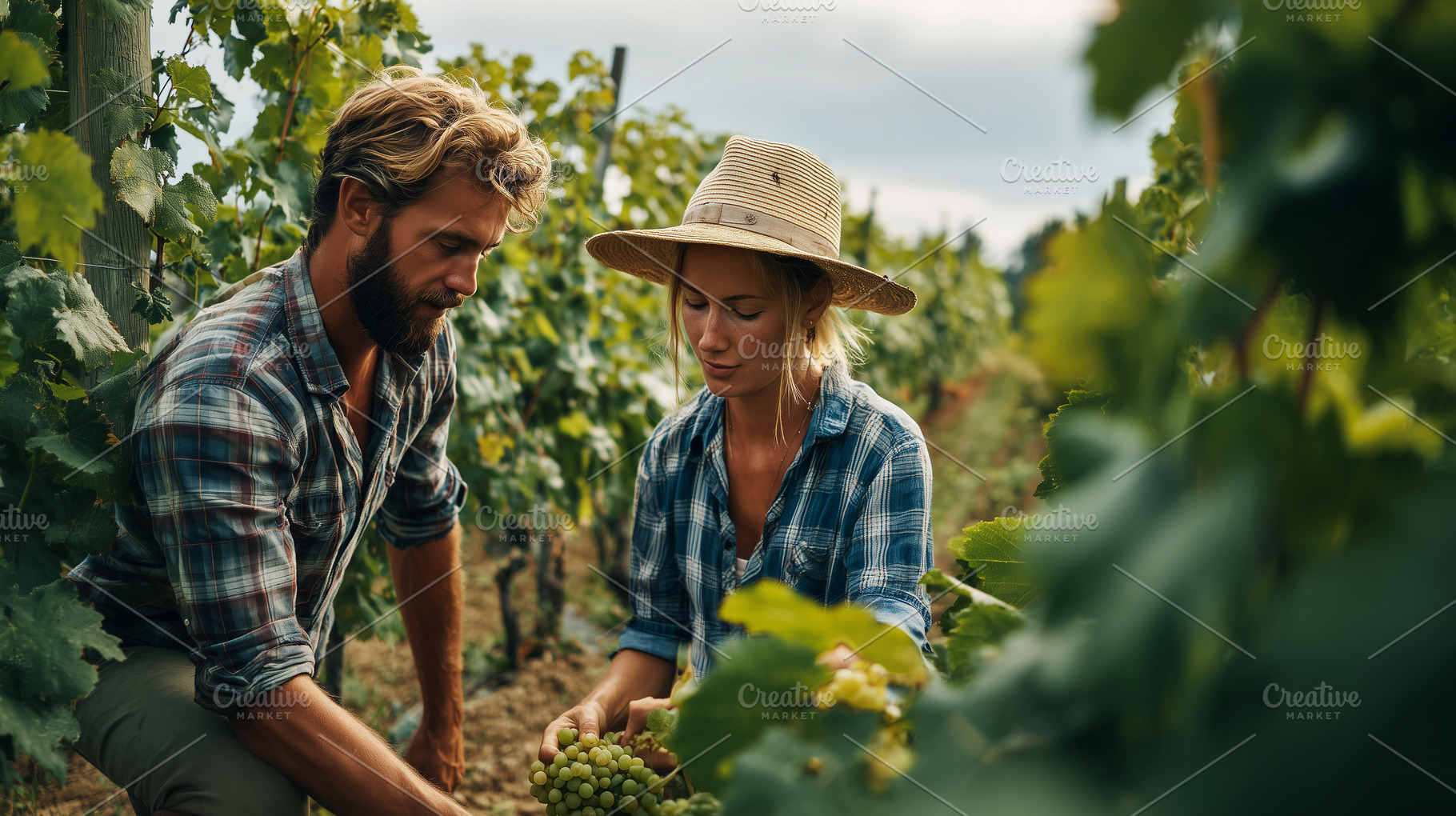 Young couple carefully picks grapes, a Nature Photo by MistyDay