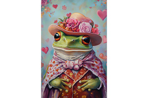 Romantic Frog in Floral Hat Wall Art, an Animal Illustration by Art Paradise Studios