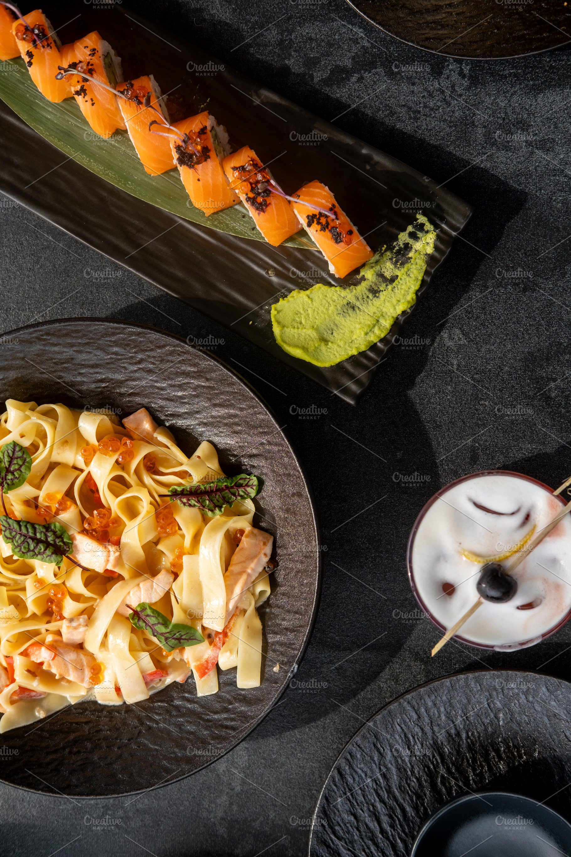 Cafeteria lunch menu mix sushi roll pasta cocktail, a Food & Drink Photo by Photo Drive Studio