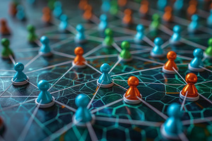 Colorful network of game pieces connected by lines, symbolizing, a Business Photo by ImageMir