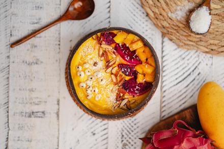 Mango Fruit Smoothie Bowl in Coconut Shell Cup, a Food & Drink Photo by Art Rachen
