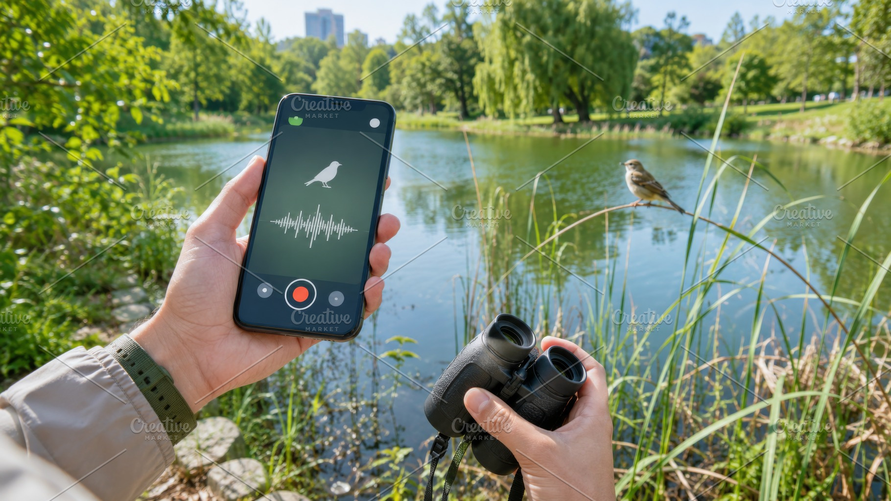 Birdwatching by a serene lake with h, a Photo by Dvoevnore photos