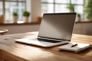 Laptop on rustic wooden desk with spiral notebook and pen in coz, an Abstract Photo by José Manuel Gelpi