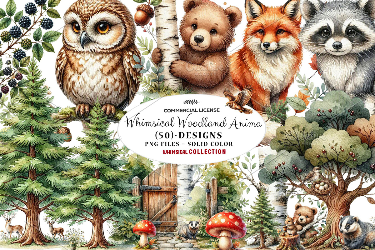 Whimsical Woodland Animals Clipart, a Seasonal Illustration by CreationArt (Photo 1 of 7)