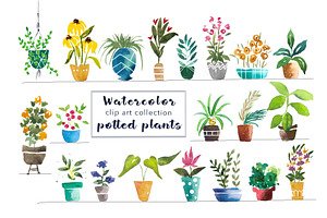 Watercolor Potted Plants - Clip Art