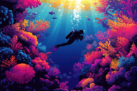 Scuba diver amidst a vibrant coral r, a Background Photo by Pixeness