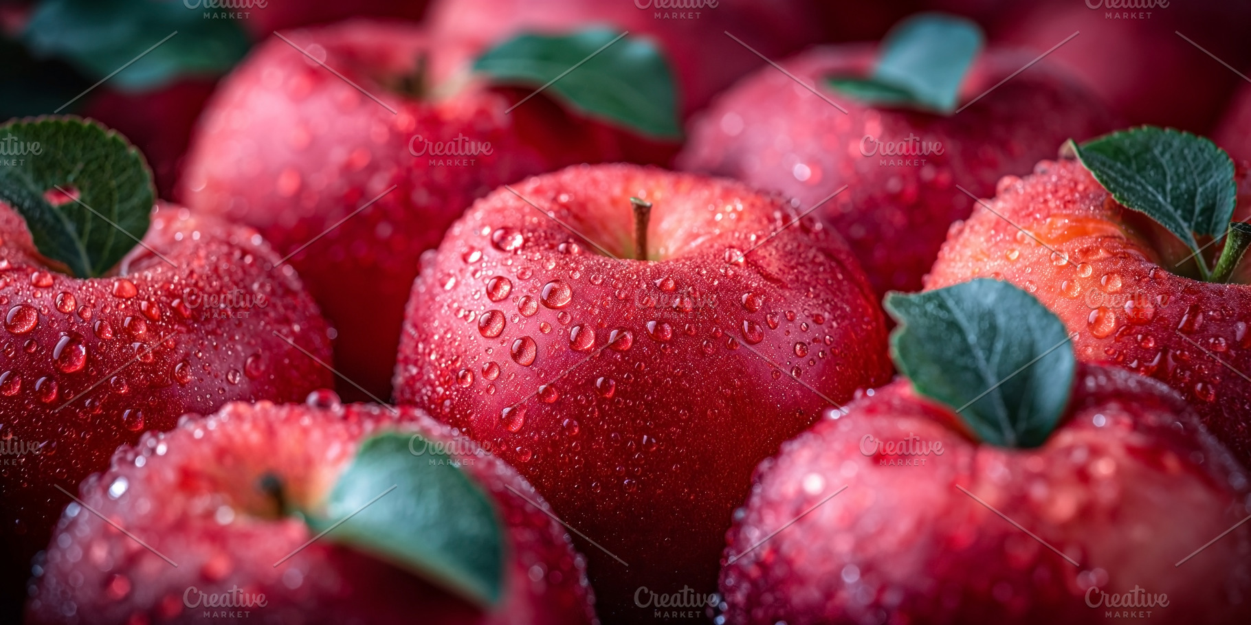 Fresh, dew-covered red apples arranged closely with vibrant gree, a Food & Drink Photo by ImageMir