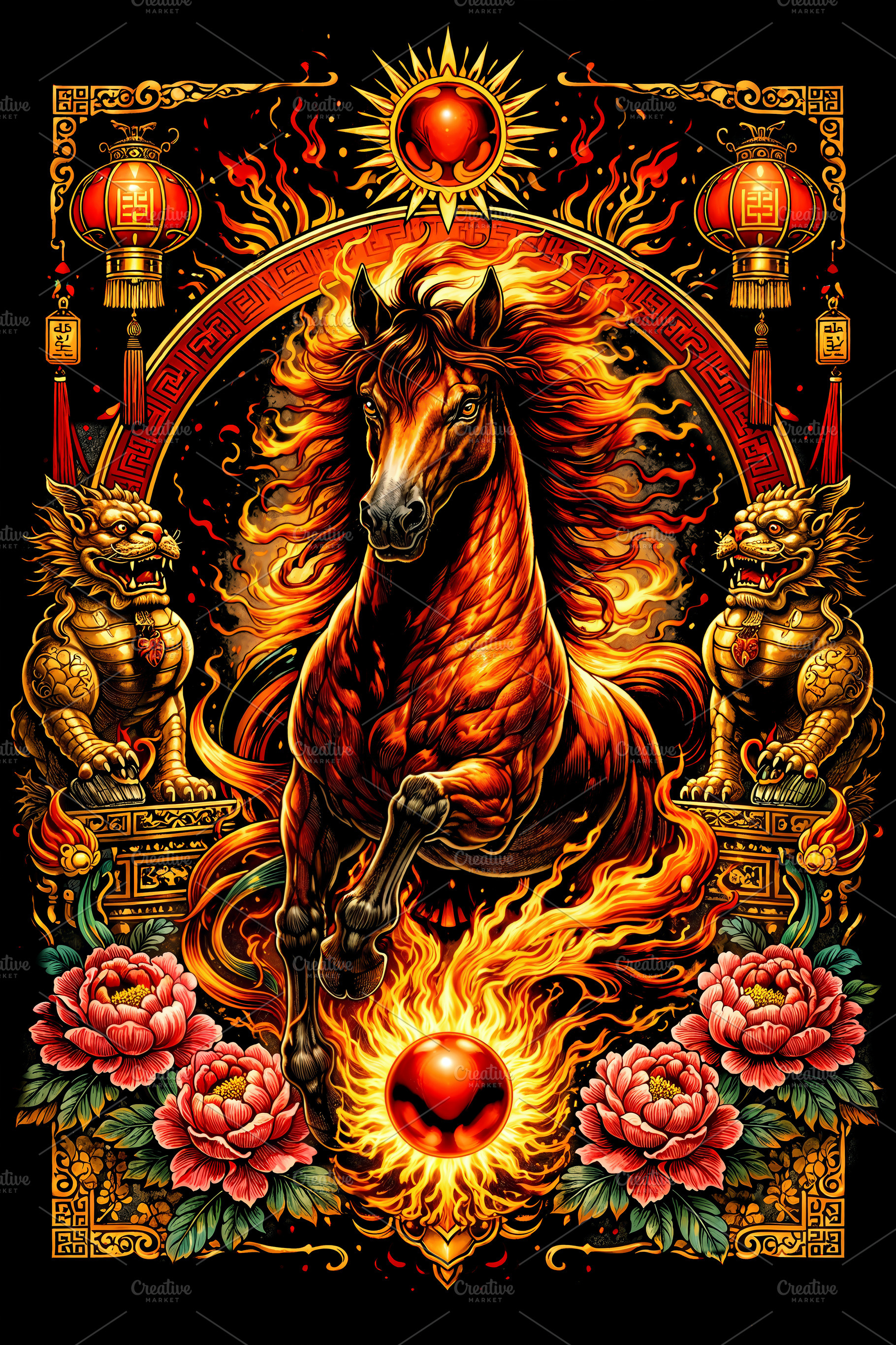 Artistic illustration of a fire hors, a Background Photo by angellodeco