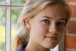 Young blonde girl with blue eyes gently smiling while standing b, a Person Photo by Studio ANNA