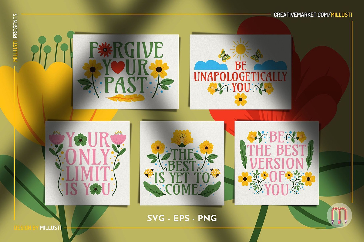 30 Floral Self-Love Quotes SVG & EPS, a Decorative Illustration by Millusti (Photo 7 of 9)