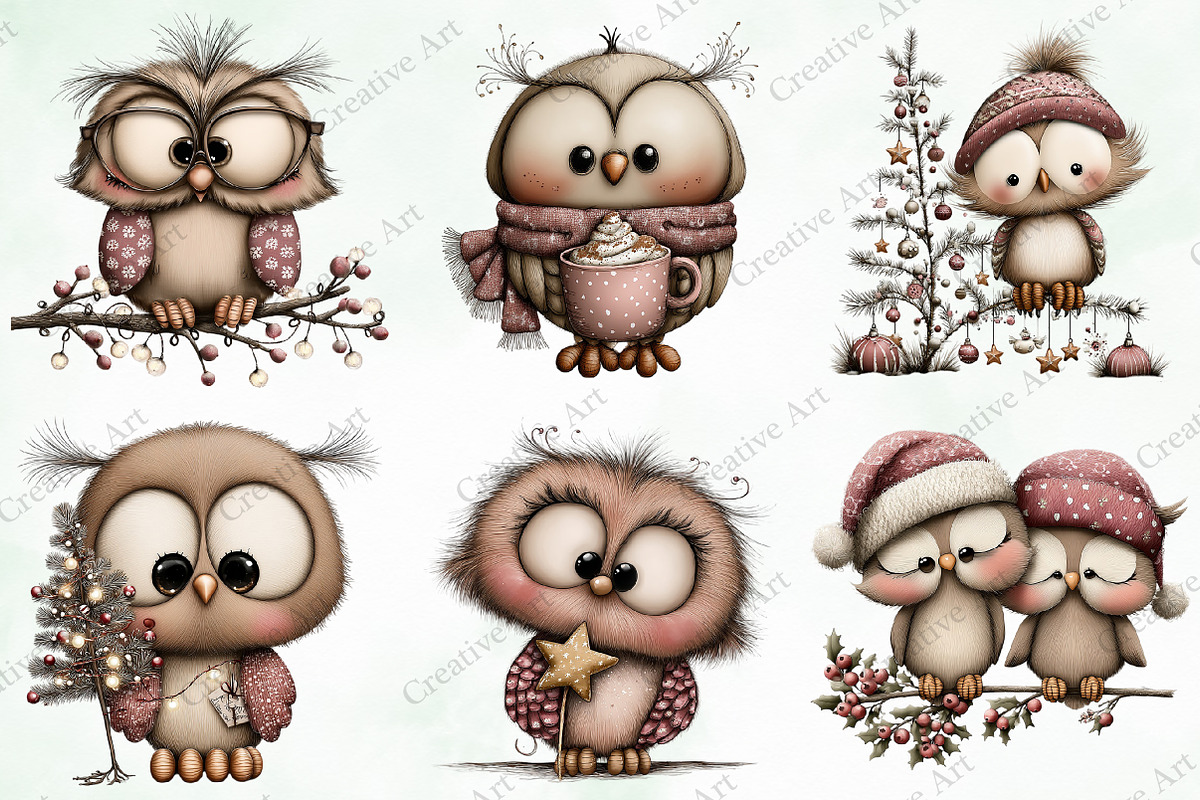 Watercolor Christmas Owls Clipart, an Illustration by Creative Art (Photo 6 of 10)