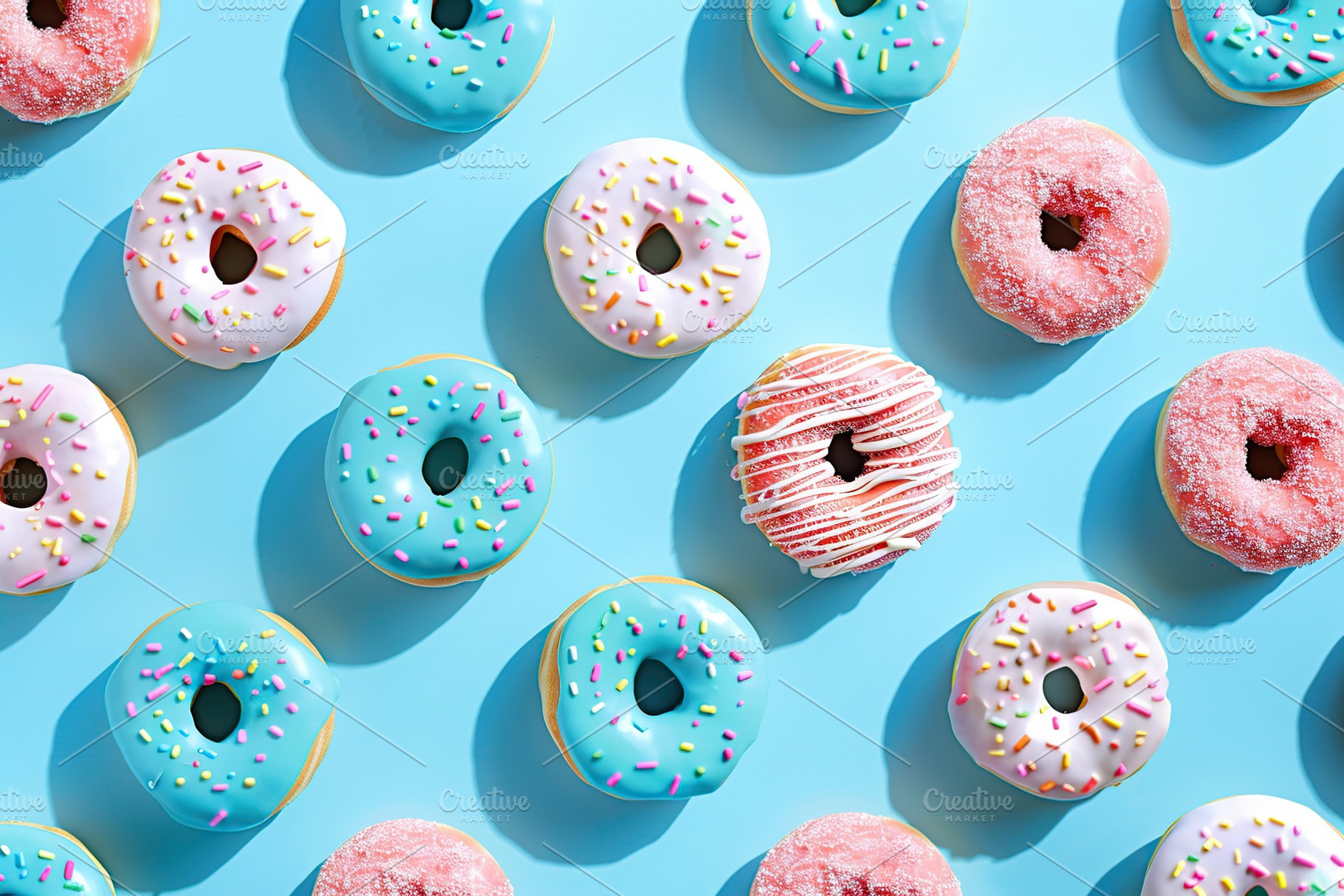 Pattern of sweet and colorful donuts on blue background, a Food & Drink Photo by AlyaAnd