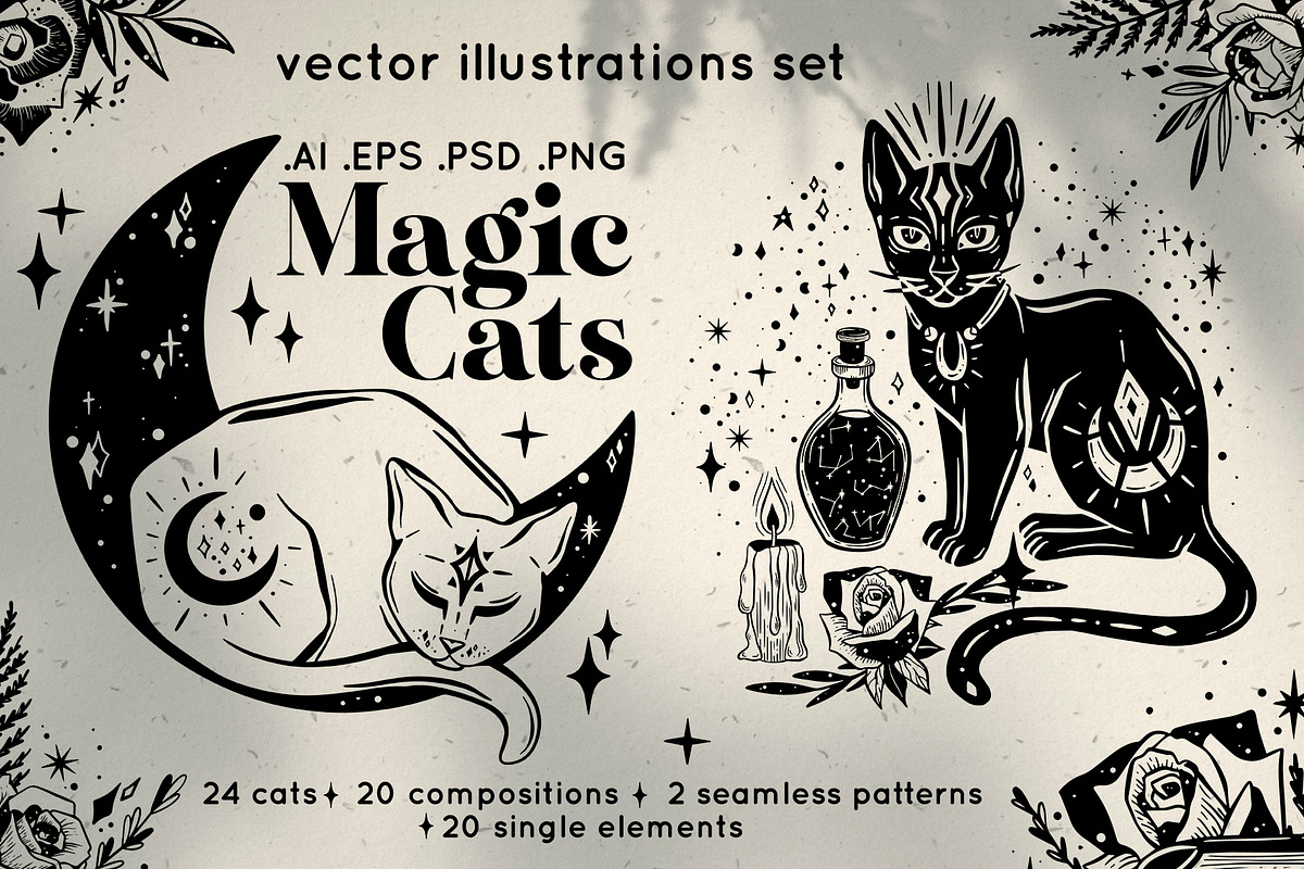 Magic Cats Illustrations Clipart, an Illustration by Julia M. Watercolor (Photo 1 of 13)