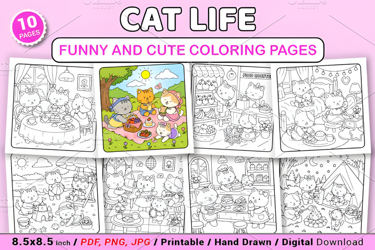 Cat Life Funny & Cute Coloring Pages, an Animal Illustration by Design Station (Photo 1 of 4)