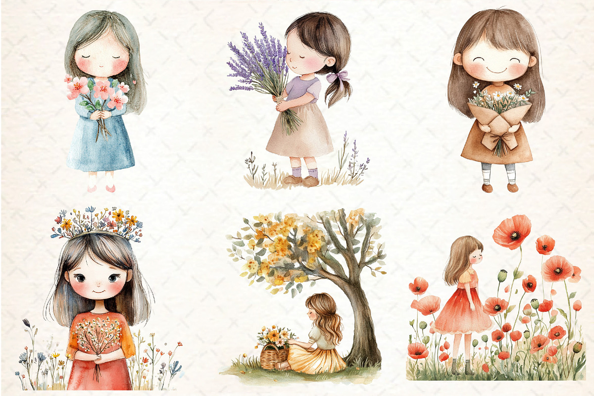 Cute Girl with Flowers Clipart, an Illustration by DreamCafeArt (Photo 2 of 8)