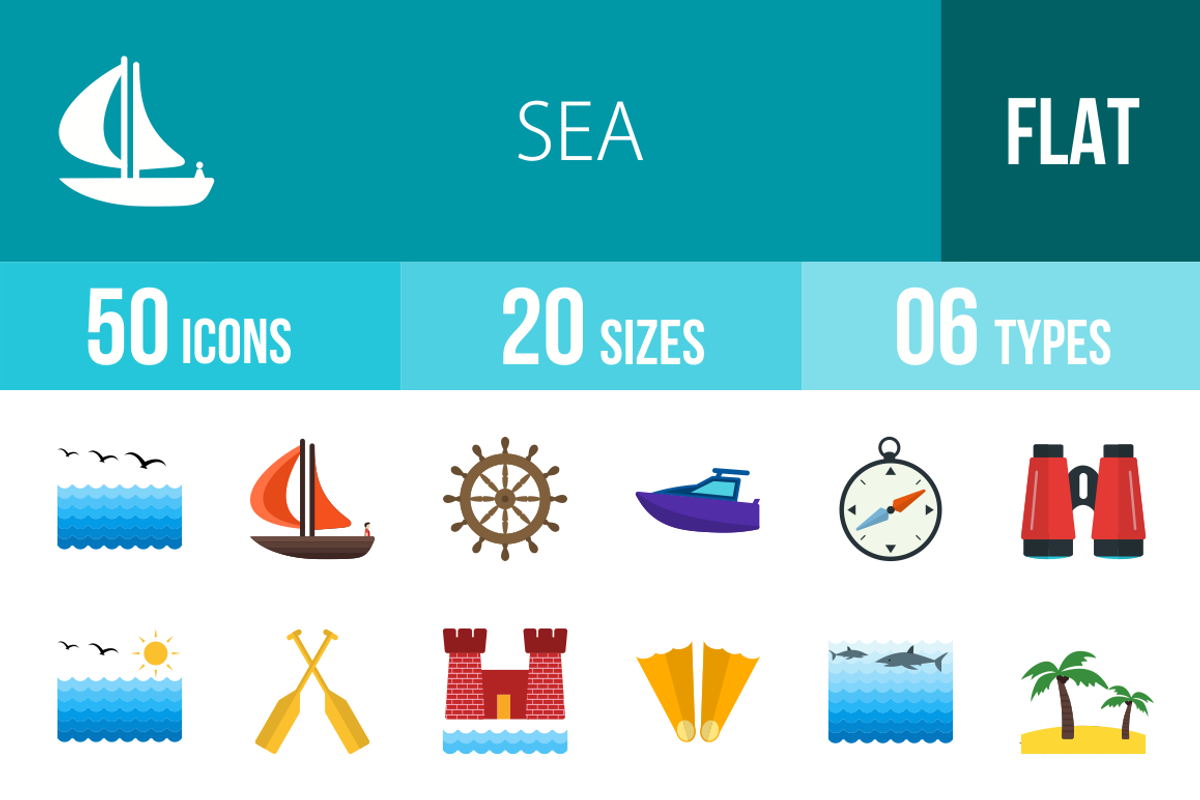 50 Sea Flat Multicolor Icons