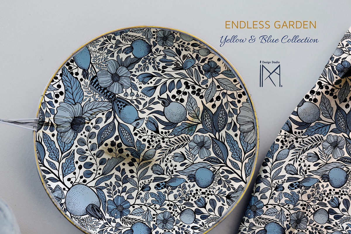 Endless Garden Yellow & Blue Pattern, a Pattern Graphic by Marta & Livonka (Photo 3 of 14)
