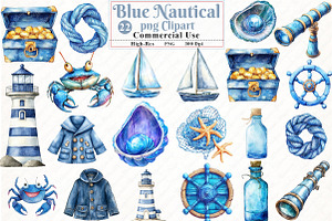 Watercolor Blue Nautical Clipart png, an Illustration by Watercolor design