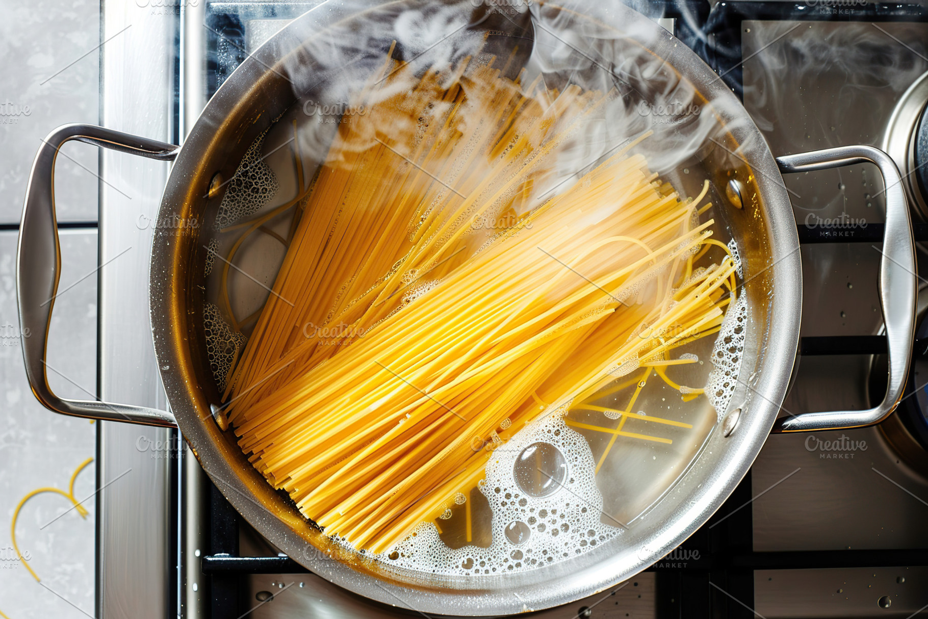 Flat lay of spaghetti cooking in boiling water, a Food & Drink Photo by AlyaAnd