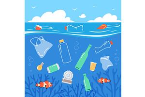 Marine debris. Cartoon sea garbage, an Animal Illustration by YummyBuum
