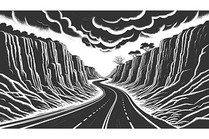 Dark Canyon Road Under Stormy Sky, an Illustration by AlexArt