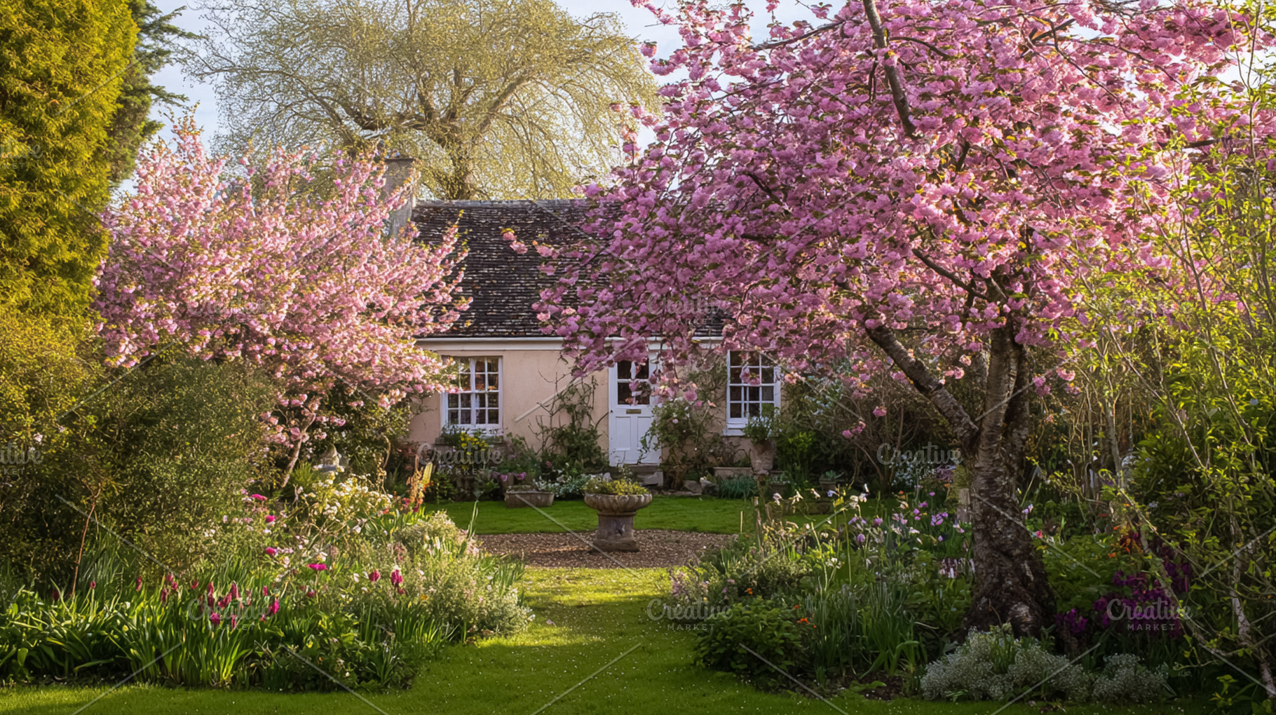 Traditional English cottage nestled in a vibrant spring garden w, a Photo by Studio ANNA