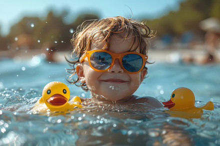 Joyful Child With Sunglasses Playing With Rubber Ducks in a Pool During Summer, a Photo by AS photostudio