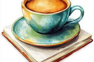 A cup of coffee on an open book cozy, a Food & Drink Photo by Pixeness Studio