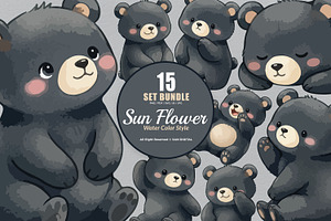15 Bundle Watercolor Black Bear Cute, an Animal Illustration by Morspective