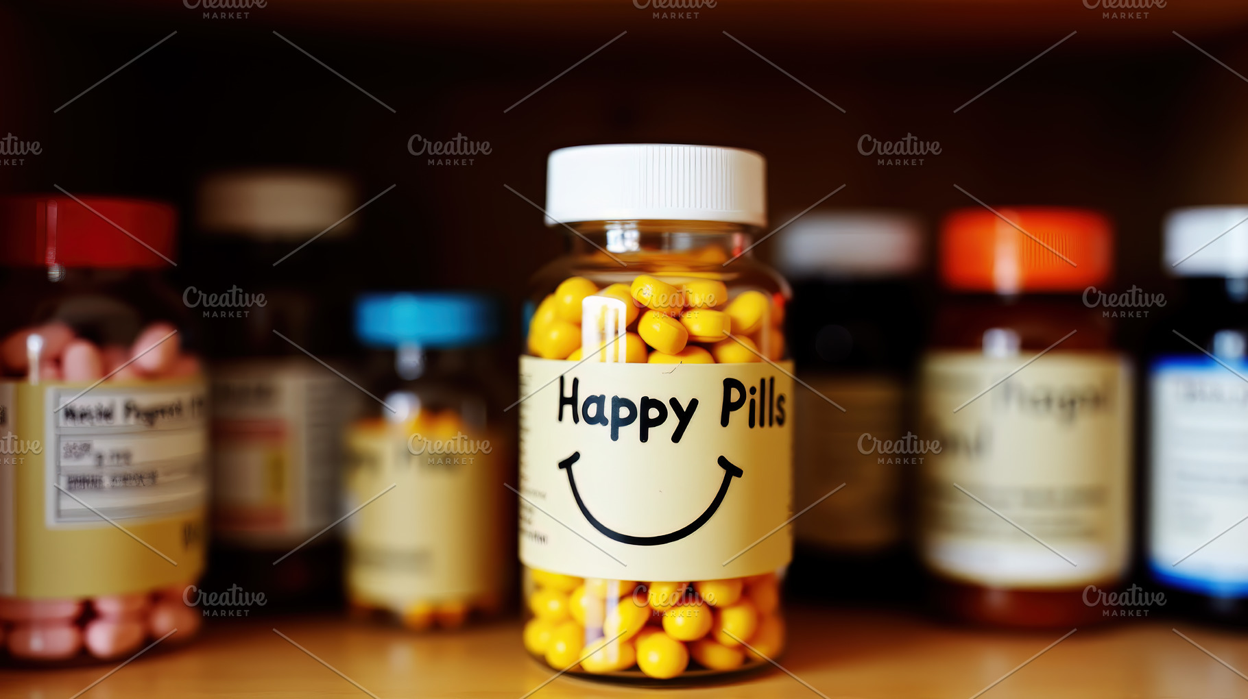 Bottle of yellow Happy Pills pills, a Health & Medical Photo by Perpis