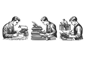 Writers Working at Desk Typewriters, a Person Illustration by AlexArt