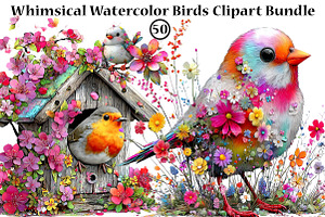 Whimsical Watercolor Birds Clipart, a Seasonal Illustration by CreationArt