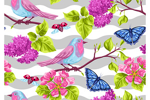 Spring Garden Seamless Pattern. Natural Illustration With Blossom Flower, Robin Birdie And Butterfly