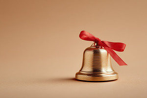 Decorative bell with red ribbon on a neutral background for celebration or holi, a Photo by AlyaAnd