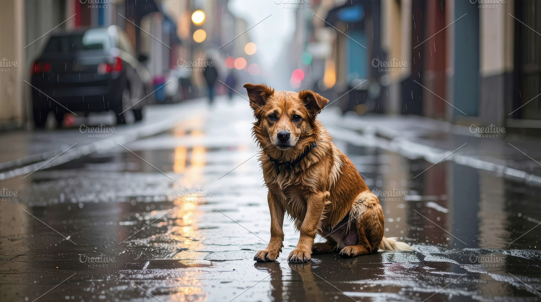 Abandoned wet dog on rainy city street, an Animal Photo by Davizro's Market