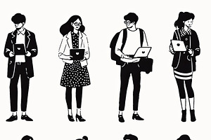 Collection of stylized people using modern electronic devices in various poses, an Illustration by AS photostudio