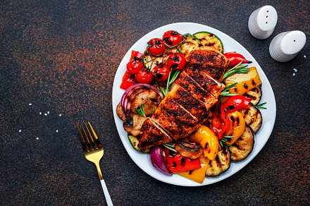 Grilled vegetables and chicken fillet salad. Paprika, zucchini,, a Food & Drink Photo by 5PH