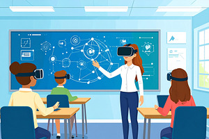 People wearing AR glasses in a classroom symbolizing immersive t, an Education Illustration by DanFLCreativo