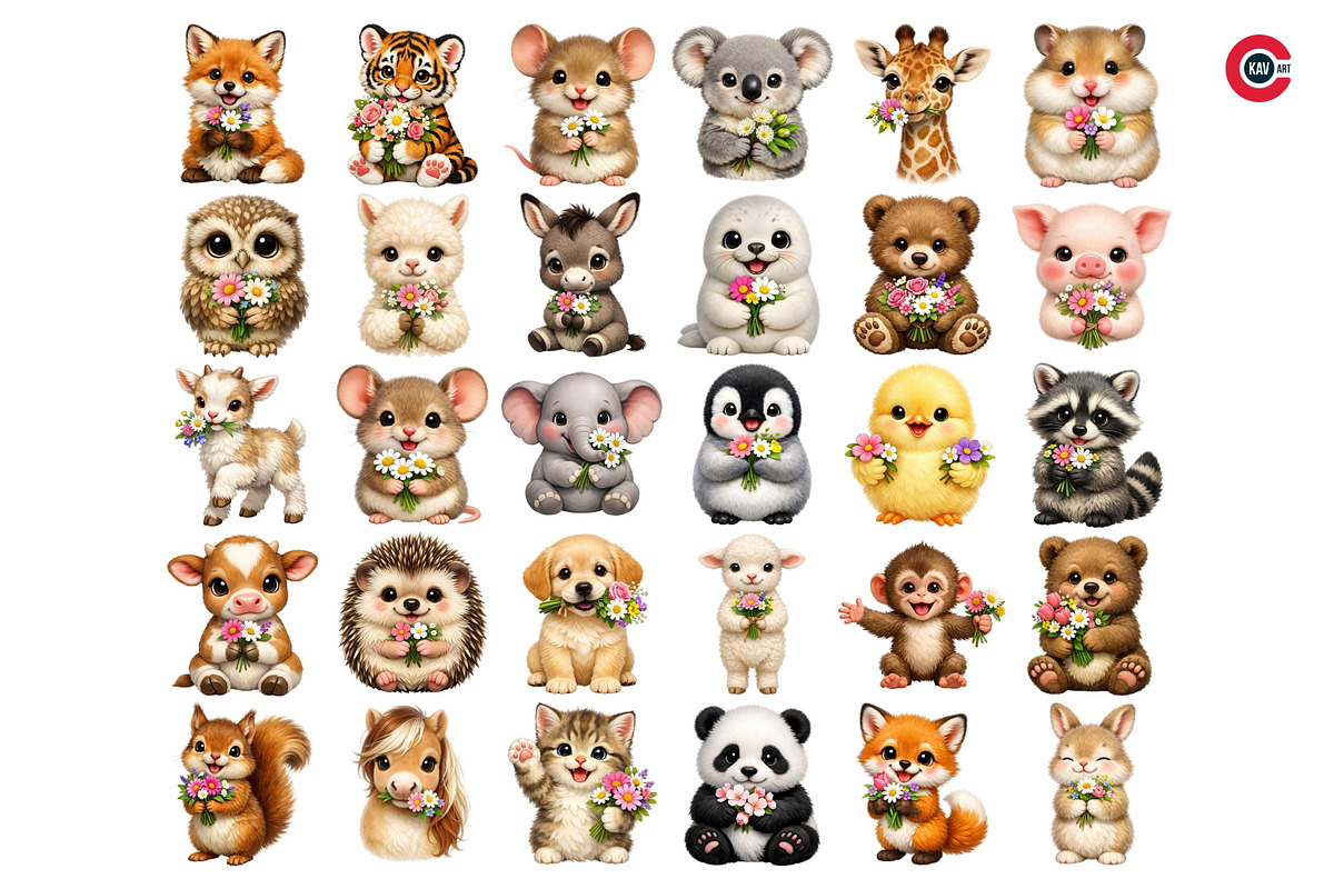 Adorable Baby Animal with Bouquets, an Animal Illustration by C-Kav (Photo 11 of 12)