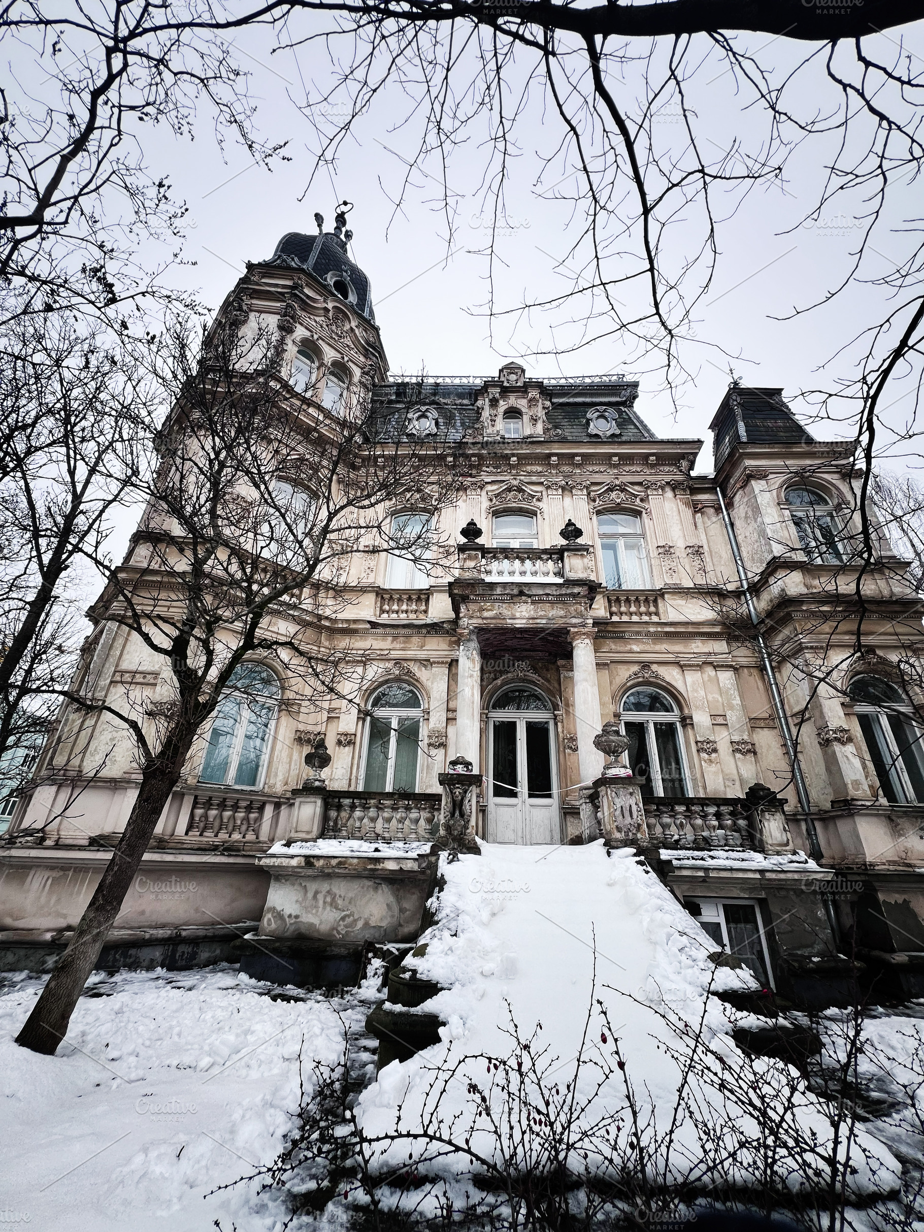 Old mansion in winter snow with grand steps and ornate facade under bare trees, a Photo by AS photostudio