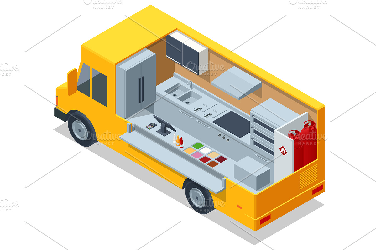Food Truck Interior. Isometric food, an Illustration by Golden Sikorka