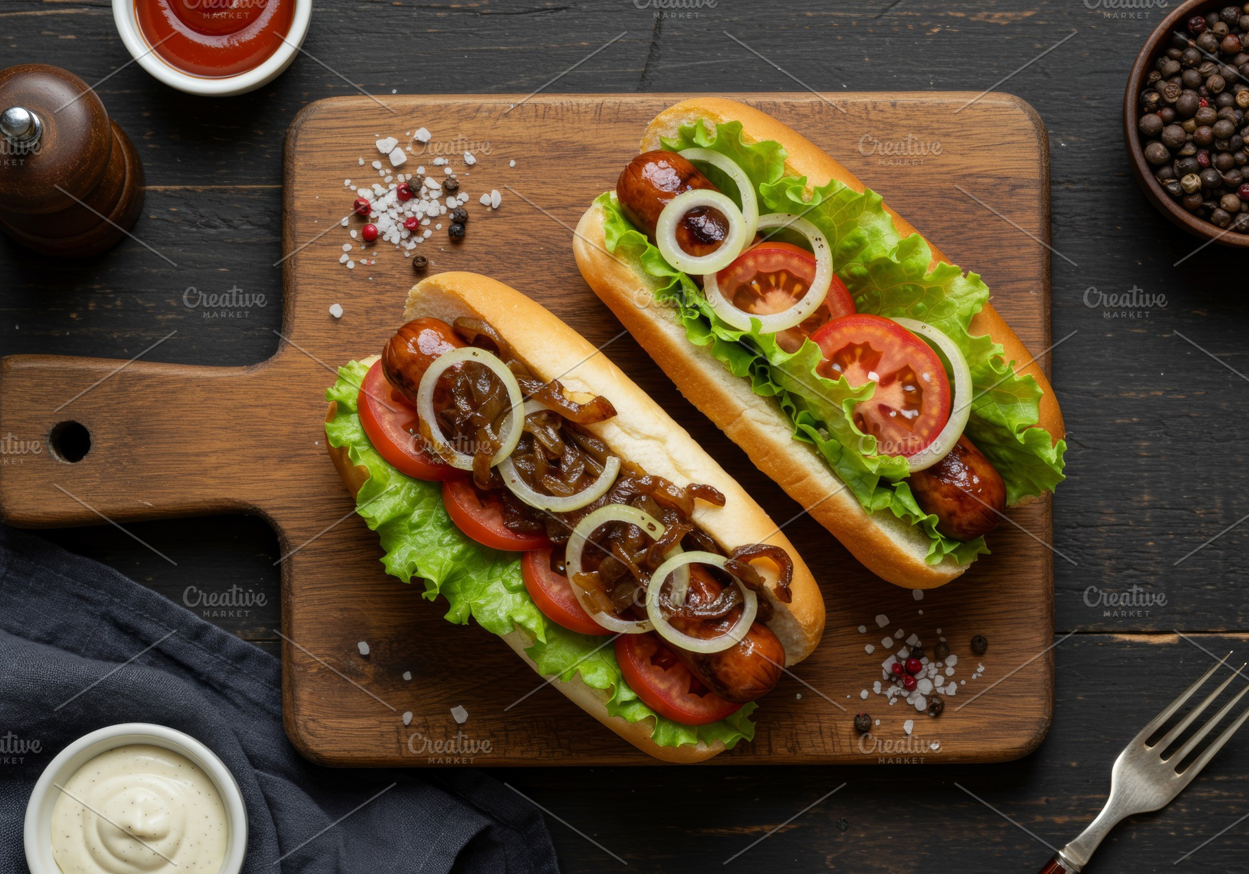 Two gourmet hot dogs with lettuce, t, a Food & Drink Photo by professorinc