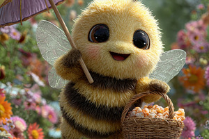 Cute bee flying in flower field with, a Photo by Pixeness Studio