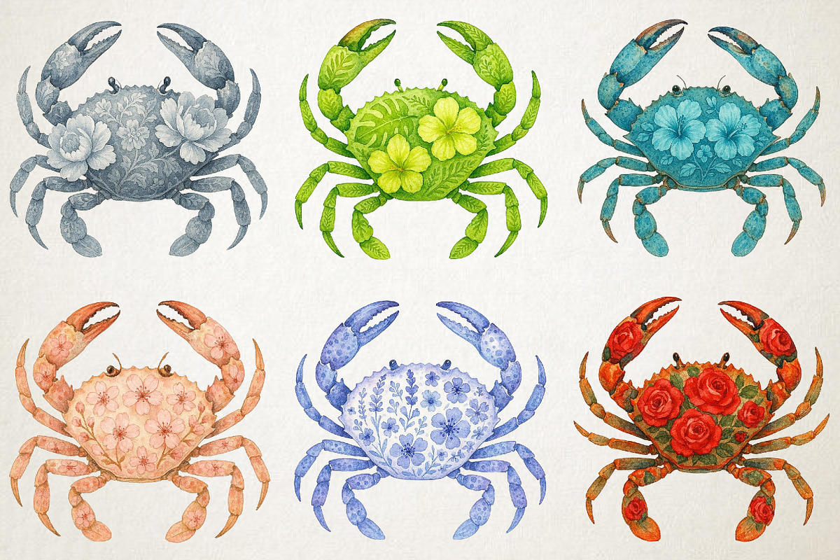 Watercolor Floral Crabs PNG Clipart, an Animal Illustration by RobertsArt (Photo 3 of 6)