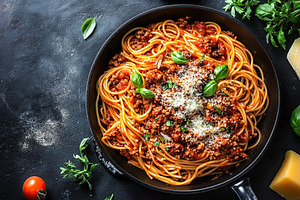 Spaghetti bolognese with ground beef on a frying pan, a Food & Drink Photo by AlyaAnd