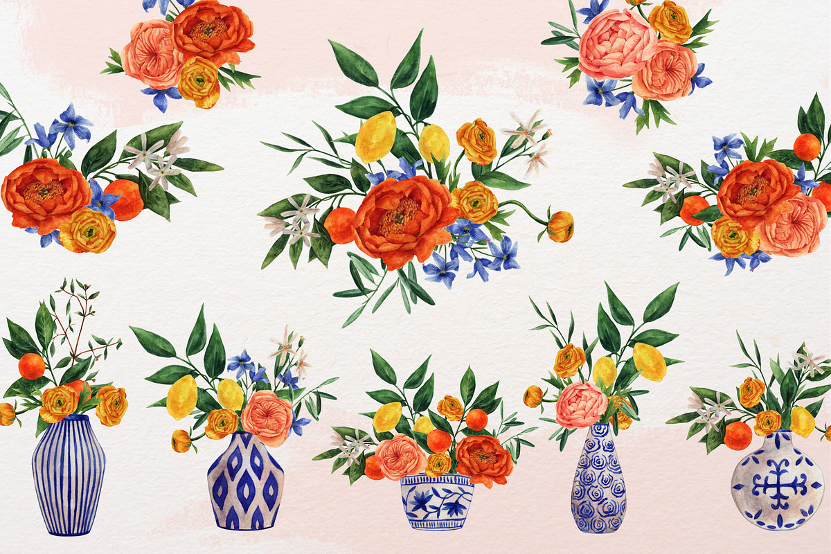 Set of flowers and citrus, a Decorative Illustration by a_ptichkina (Photo 5 of 10)